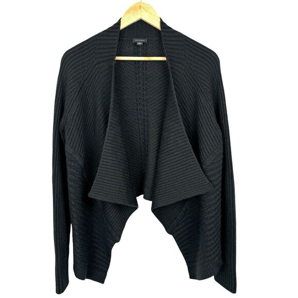 Ann Taylor Women Knit Cardigan Med Black Ribbed Cable Knit Open Front Wool Blend - Picture 2 of 12